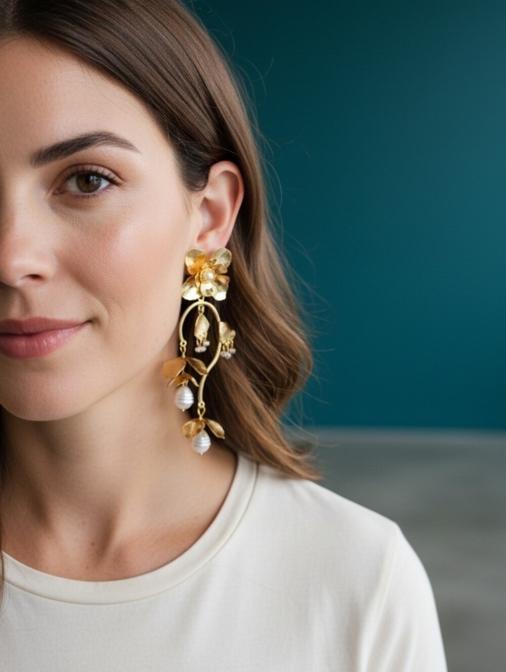 Elegant Gold Floral Drop Earrings with Pearl Accents - Women Jewelry